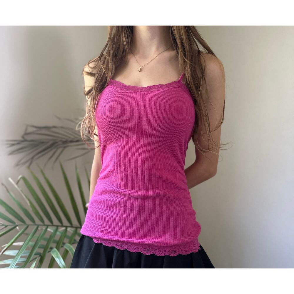 Vintage Y2K So Wear It Declare It Pink Ribbed Lace Cami Tank Top